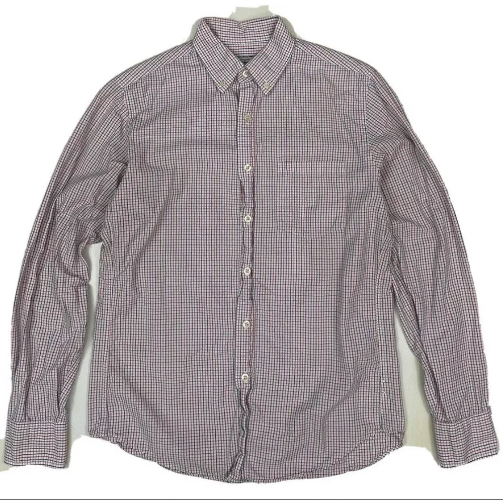 J.Crew Mens‎ Gingham Woven Shirt Small White Blue Red Plaid Cotton Tattersall